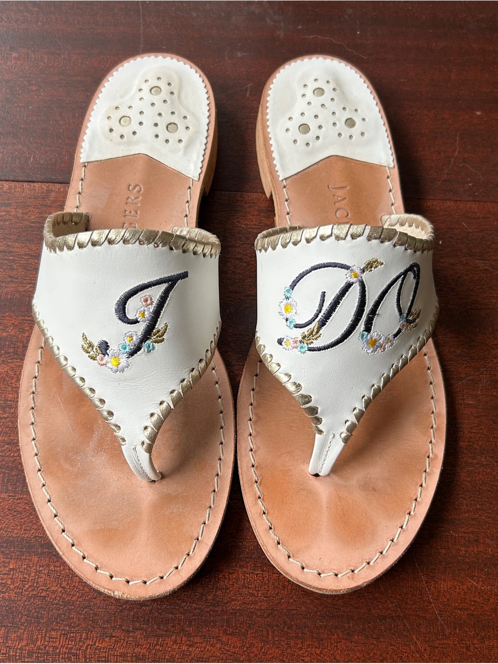 Jack Rogers White Leather Embroidered Floral Wedding/Bride Sandals